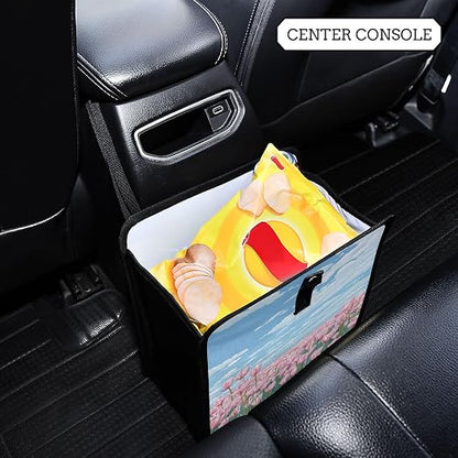 Car Trash Can Organizer Bin with Adjustable Strap for Back Front Seat Console Waterproof Leakproof Collapsible Portable 11 Inch Pink Tulip Field and Blue Sky