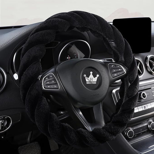 HighnessHwoo Luxury Fluffy Winter Car Steering Wheel Cover for Women Soft Warm Cute Auto Handle Cover for Jeep, Truck, Van, F150, Fuzzy, Anti Slip, Black, Large Size, 15.2-16in