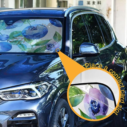 Blueberry Blue Fruits Watercolor Windshield Sunshade Car Sun Shade Blocks UV Rays Visor Protector Accordion Folding Sun Reflector Auto Sunshade for Truck SUV