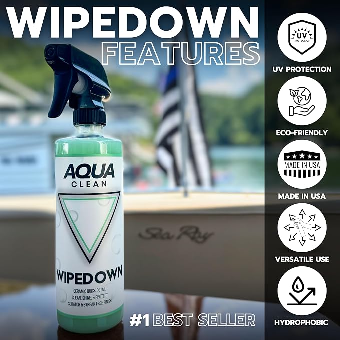 AquaClean WIPEDOWN Ceramic Quick Detailer Spray & Waterless Wash | SiO2 Hydrophobic Coating | Car, Truck, Boat, RV, Motorcycle & Off-Road | UV Protection | Shine & Protect | USA Made | 16oz