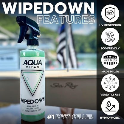 AquaClean WIPEDOWN Ceramic Quick Detailer Spray & Waterless Wash | SiO2 Hydrophobic Coating | Car, Truck, Boat, RV, Motorcycle & Off-Road | UV Protection | Shine & Protect | USA Made | 16oz