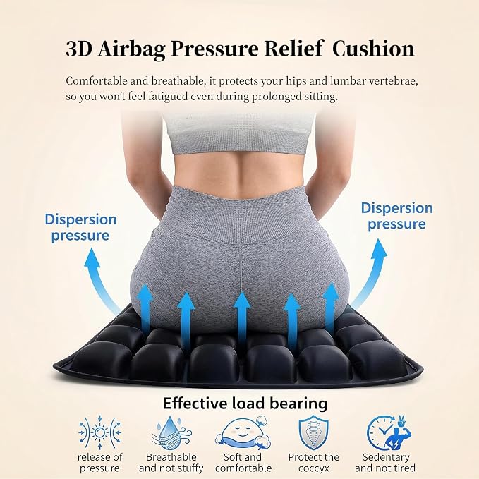 Inflatable Seat Cushion – Breathable, Pressure-Relieving Air Cushion, No Pump Needed, Ideal for Airplane Travel, Office, Car, Wheelchair & Camping – Lightweight, Foldable & Portable (Black)