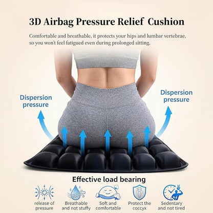 Inflatable Seat Cushion – Breathable, Pressure-Relieving Air Cushion, No Pump Needed, Ideal for Airplane Travel, Office, Car, Wheelchair & Camping – Lightweight, Foldable & Portable (Black)