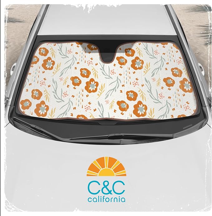 Carbella Orange Floral Car Windshield Sun Shade - Sun Visor Sunshade for Car Windshield - Window Shades for Cars, SUV & Truck - Dash Cover UV Protection for Front Window Shade Accessories - 57" x 27"
