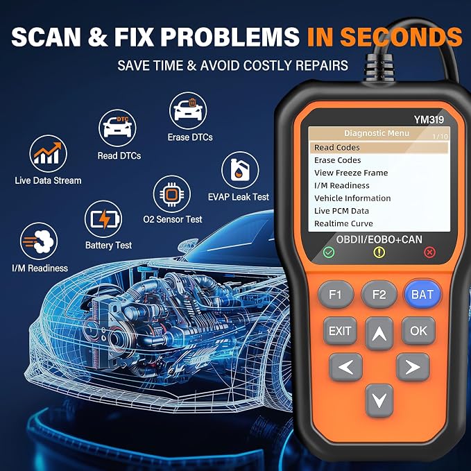 BluSon YM319 OBD2 Scanner Diagnostic Tool with Battery Tester, Check Engine Fault Code Reader with Live Data, Cloud Printing, DTC Lookup, Freeze Frame, Scan Tool for All OBDII Protocol Cars Since 1996