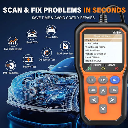 BluSon YM319 OBD2 Scanner Diagnostic Tool with Battery Tester, Check Engine Fault Code Reader with Live Data, Cloud Printing, DTC Lookup, Freeze Frame, Scan Tool for All OBDII Protocol Cars Since 1996