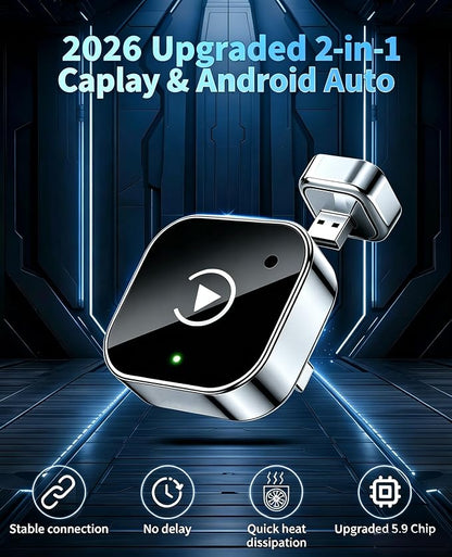 Wireless CarPlay Adapter, 2026 Upgraded Convert Wired to Wireless, 2-in-1 CarPlay & Android Auto, Plug & Play, Auto-Connect & No Latency, USB/USB-C for Cars with Built-in CarPlay iOS 10+/Android 11+