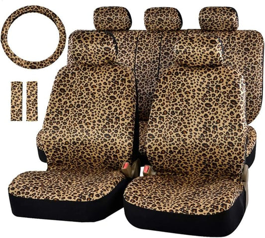 AUTOFAN Leopard Car Seat Covers Full Set with Steering Wheel Cover 2 Seat Belt Pads, Cheetah Print Seat Covers for Cars for Women,Airbag Compatible,Universal Fits for Cars,SUV,Truck