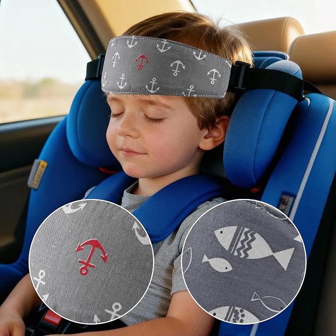 Luckyiren 2-Pack Baby Head Support Straps, Cotton Ocean Theme with Fish and Anchor Prints, Adjustable Car Seat and Stroller Neck Support for Infants and Toddlers