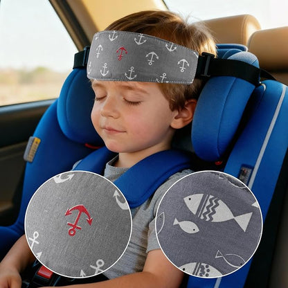 Luckyiren 2-Pack Baby Head Support Straps, Cotton Ocean Theme with Fish and Anchor Prints, Adjustable Car Seat and Stroller Neck Support for Infants and Toddlers