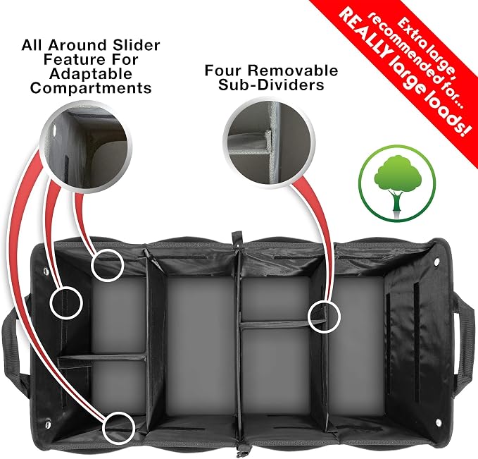 TRUNKCRATEPRO XL Heavy-Duty Trunk Organizer – Reinforced SUV & Truck Cargo Storage with 6 Adjustable Compartments, Non-Slip Base & Securing Straps (Foldable Design, Black)