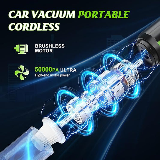 Cordless Car Vacuum Portable -Handheld Vacuum Cleaner 50000PA-High Power Suction & Blower for Car, Home, Office, Desktop, Keyboard,Pet Hair-2-in-1 Vacuum - with 2×4.0Ah Batteries