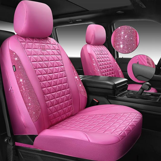 CAR PASS Hot Pink Bling Diamond Leather Car Seat Covers Full Sets, Waterproof Shining Glitter Sparkly Crystal Universal Armrest Fit for Automotive Truck SUV Cute Women Girl,Hot Pink Rhinestone