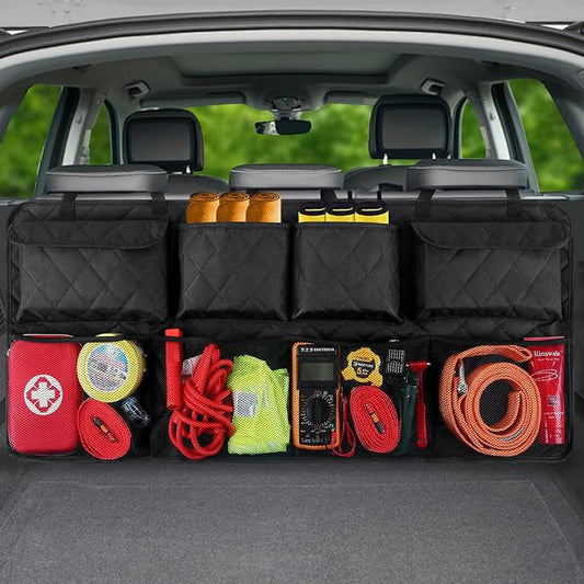 Car Trunk Hanging Organizer 3D Textured (Extra-Long), Cotton-Padded Farewell to Collapse, Reinforced Stitching, Extra-Wide Pocket, Backseat Grocery Storage Bag with 8 Pockets for SUV,Truck,Van