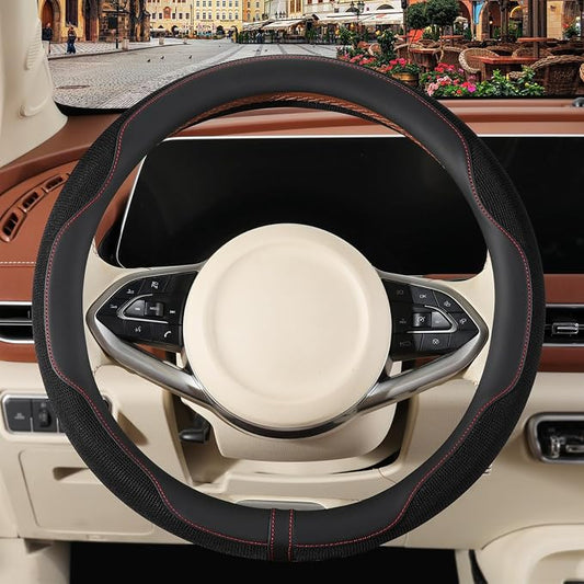 Nappa Leather Black Steering Wheel Cover, Advanced Microfiber Leather Non-Slip Breathable Fabric, Warm in Winter and Cool in Summer, Universal 15 inch