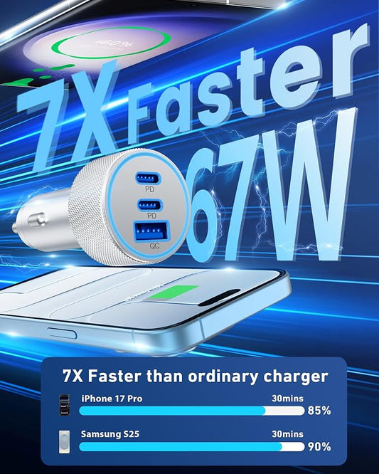 67W 3-Port Super Fast Type C Car Charger USB C for iPhone 17/Air/16/16e/15 Pro Max, Samsung Galaxy S25 S24 S23, Pixel, Android, Car Adapter Accessories for Men Women + 3FT USB-C Cable Silver