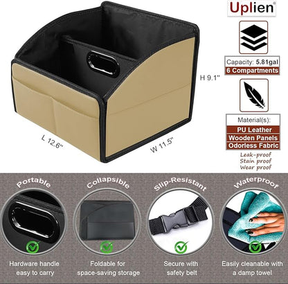 Car Storage Organizer [2025 UPDATED] Leather Car Caddy Basket for Front Seat Floor Back Seats Metal Handle 6 Compartments Adjustable Strap Buckles Slip-Resistant (Beige)