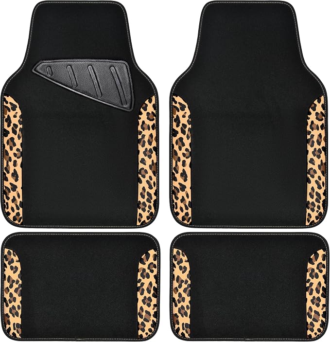CAR PASS Waterproof Universal Fit Car Floor Mats, Leopard Print Car Mats Fit for SUV,Vans,sedans, Trucks,Set of 4pcs Car Carpet with Driver Heel Pad and Nibs Backing,for Cute Women Girl Brown Leopard