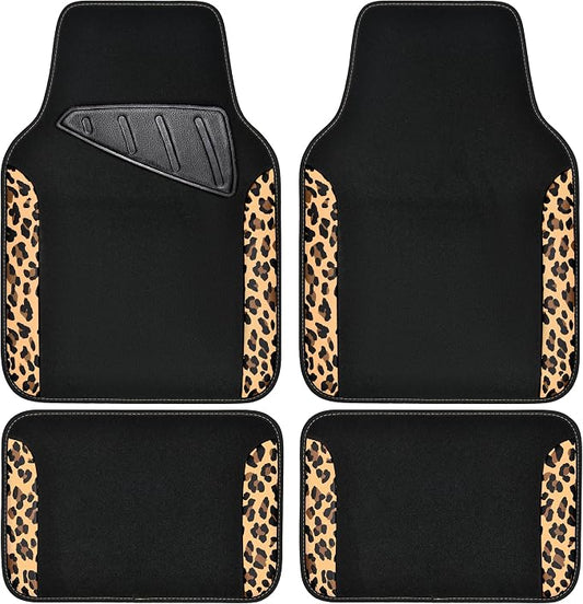 CAR PASS Waterproof Universal Fit Car Floor Mats, Leopard Print Car Mats Fit for SUV,Vans,sedans, Trucks,Set of 4pcs Car Carpet with Driver Heel Pad and Nibs Backing,for Cute Women Girl Brown Leopard