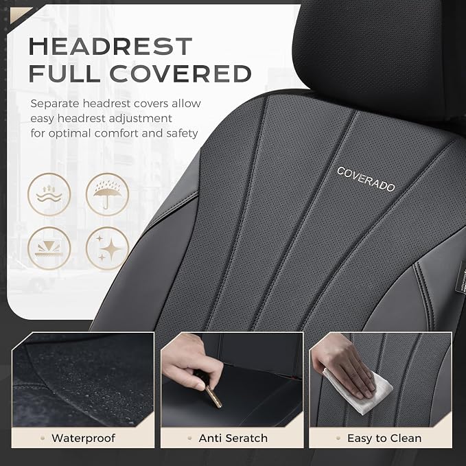 Coverado Automotive Front and Rear Seat Covers, Car Seat Covers Full Set, Leather Car Seat Covers Full Set 5 Seats, Airbag-Compatible, Spill-Proof Design, Black Seat Covers for SUV Sedan Truck