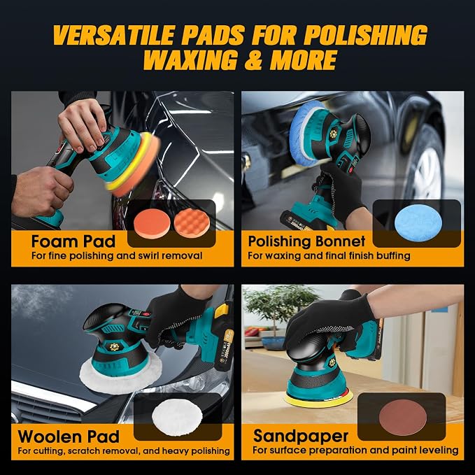 Cordless Car Buffer Polisher kit [2x 2000mAh 21V Batteries & 18 PCS Attachments] 6-Speed Orbital Design, LED Display, Lightweight Detailing Tool for Waxing, Polishing & Scratch Removal-Blue