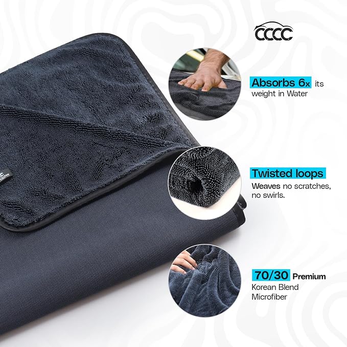 Crystal Clean XL (28x36) Car Drying Towel - 70/30 Korean Blend Car Towel with Double Twisted Loop, Professional Detailing Towel for Car Detailers - Quick Dry, Paint Safe & Swirl-Free