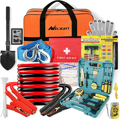 Nilight Car Emergency Kit with Jumper Cable, First Aid Kit Safety Assistance Tools for Travel Camping Outdoor Cars Truck SUV RV, Roadside Essentials with Flash Light