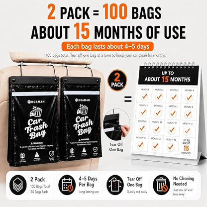 Noaman 2Pack 50PCS Car Trash Bags, 2.5 Gal Leakproof & Smell Proof. Heavy-Duty Garbage Bags for car, SUV, Truck, RV. Stick-on or Headrest Mount. Alternative to Car Trash Can. Black