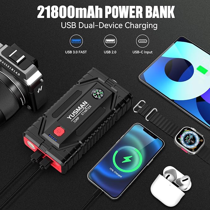 Jump Starter, 7000A Car Jump Starter, 12V Battery Jump Starter Pack, Portable Charger and Jumper Cables for All Gasoline and 10L Diesel Engines, Dual USB Quick Charge 3.0 and LED Bright Light