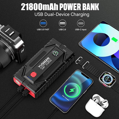 Jump Starter, 7000A Car Jump Starter, 12V Battery Jump Starter Pack, Portable Charger and Jumper Cables for All Gasoline and 10L Diesel Engines, Dual USB Quick Charge 3.0 and LED Bright Light