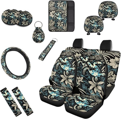 13 PCS Boho Sea Turtle Car Interior Accessories, Hawaiian Hibiscus Palm Front Rear Seat Full Set, Island Tropical Plant Tortoise Seat Belt Pad Universal Fit Most Car