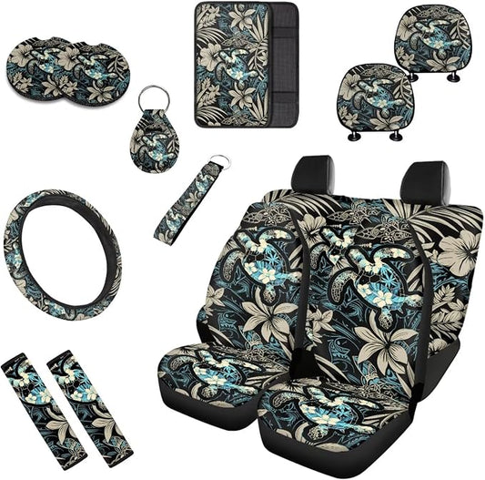 13 PCS Boho Sea Turtle Car Interior Accessories, Hawaiian Hibiscus Palm Front Rear Seat Full Set, Island Tropical Plant Tortoise Seat Belt Pad Universal Fit Most Car