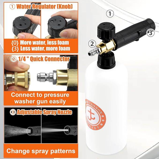 JOEJET Short Pressure Washer Gun with Foam Cannon Dual Connector Accessory, Car Wash Foam Gun with 1/4 Inch Quick Connector, 5 Pressure Washer Nozzle Tips, 1 Liter