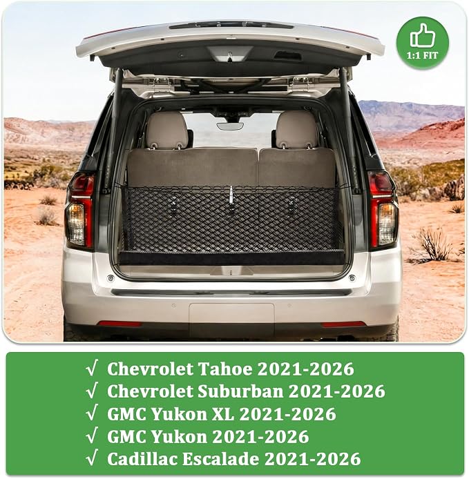 3-Layer Cargo Net for Chevrolet Tahoe & Suburban, GMC Yukon & Yukon XL, Cadillac Escalade 2021-2026, Zipper Bag Trunk Net for SUV, Heavy Duty Oxford Cargo Organizer Storage Nets with Carabiners