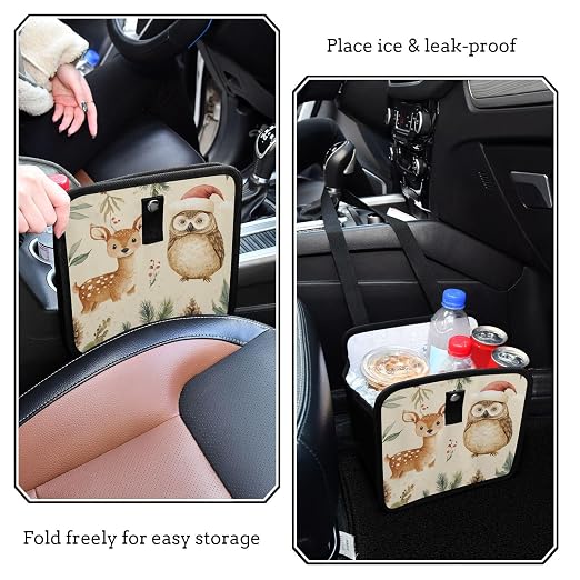 Car Trash Can Organizer Bin with Adjustable Strap for Back Front Seat Console Waterproof Leakproof Collapsible Portable 8.66 Inch Christmas Deer Owl Pinecorns Leaves Beige