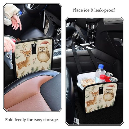 Car Trash Can Organizer Bin with Adjustable Strap for Back Front Seat Console Waterproof Leakproof Collapsible Portable 11 Inch Christmas Deer Owl Pinecorns Leaves Beige