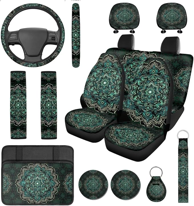 14 Pcs Green Mandala Car Seat Covers with Steering Wheel Cover,Seat Belt Covers Cup Holder with Keychain,Novelty Automotive Protector Set Universal Fit Cars SUV Truckss,Green