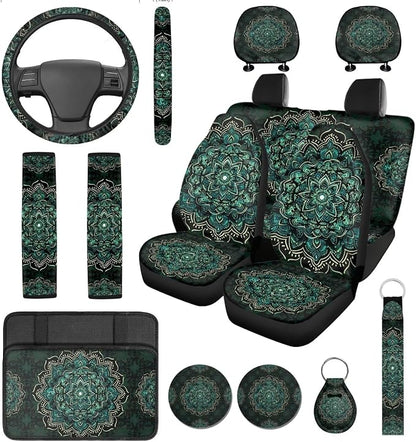 14 Pcs Green Mandala Car Seat Covers with Steering Wheel Cover,Seat Belt Covers Cup Holder with Keychain,Novelty Automotive Protector Set Universal Fit Cars SUV Truckss,Green