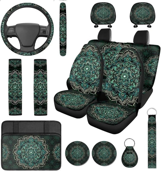 14 Pcs Green Mandala Car Seat Covers with Steering Wheel Cover,Seat Belt Covers Cup Holder with Keychain,Novelty Automotive Protector Set Universal Fit Cars SUV Truckss,Green