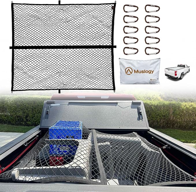 Muslogy Truck Bed Cargo Net Trunk Netting Compatible with Pickup Bed Stretchable 4'x4' to 7'x7' Accessories, Pickup Cargo Organizer ATV SUV UTV Truck&Boat Sedan Storage Net w/Heavy Duty Carabiners