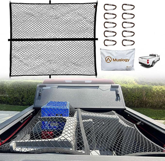 Muslogy Truck Bed Cargo Net Trunk Netting Compatible with Pickup Bed Stretchable 4'x4' to 7'x7' Accessories, Pickup Cargo Organizer ATV SUV UTV Truck&Boat Sedan Storage Net w/Heavy Duty Carabiners