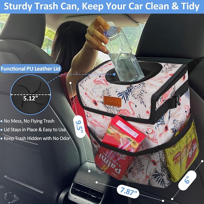 ELONGRIVER Car Trash Can Bin for Back Seat Leak Proof, Cute Car Trash Bag Hanging, Vehicle Trash Can for SUV Truck Van, Automotive Garbage Cans Front Seat Flamingos, 2 Gallons