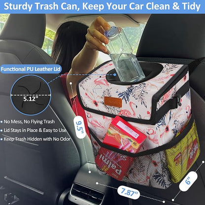 ELONGRIVER Car Trash Can Bin for Back Seat Leak Proof, Cute Car Trash Bag Hanging, Vehicle Trash Can for SUV Truck Van, Automotive Garbage Cans Front Seat Flamingos, 2 Gallons