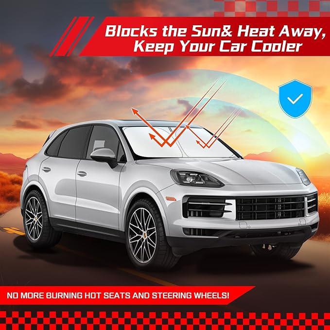 ARISMOTOR Windshield Sun Shade for Porsche Cayenne 2019-2025, Custom Fit Foldable Front Window Sunshade Sun Visor Protector, Block UV Rays Keep Your Car Cooler
