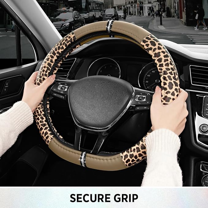Road Comforts Leopard Steering Wheel Cover for Women, Cute Anti-Slip Microfiber Leather, Fits D Shape Flat Bottom Steering Wheel 14.5-15 Inch - Beige