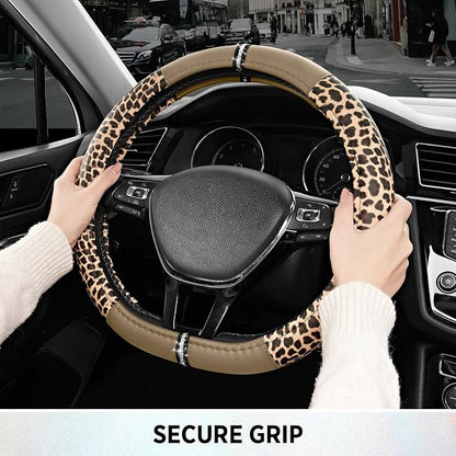 Road Comforts Leopard Steering Wheel Cover for Women, Cute Anti-Slip Microfiber Leather, Fits D Shape Flat Bottom Steering Wheel 14.5-15 Inch - Beige