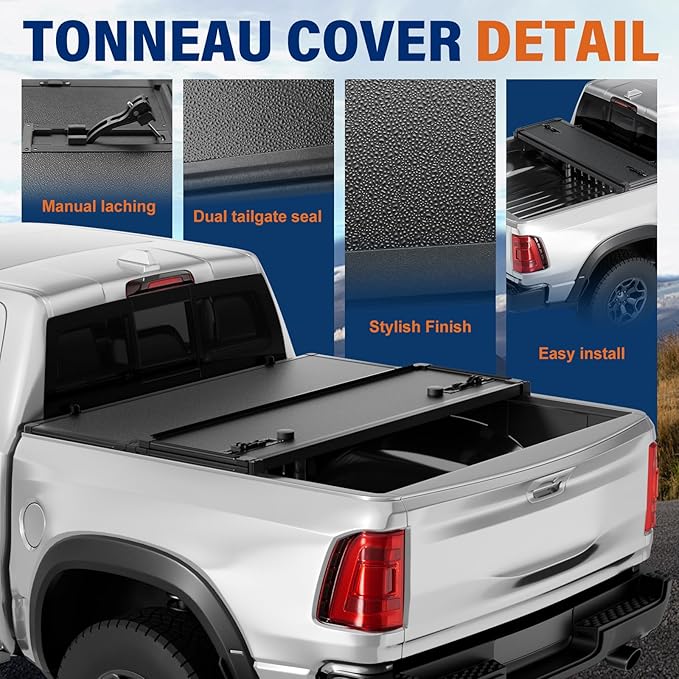 FRP Hard Tri-fold Tonneau Cover Fold Truck Bed Covers Compatible with 2009-2026 Dodge Ram 1500 & 2500 6' 4" Bed Without Ram Box (76.3")