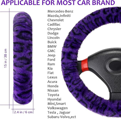 Accmor Fuzzy Car Steering Wheel Cover, Universal Fit Fur Car Wheel Cover & Handbrake Cover & Gear Shift Cover Set, Fluffy Fashion Leopard Print Auto Steering Wheel Protector for Women Girls(Purple)