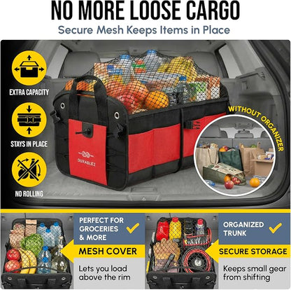 XL Trunk Organizer 4-Section Modular System – Extra Large Car Cargo Storage, Foldable Multi-Compartment Bin for Groceries, Gear & Travel – High-Density Structure – Red