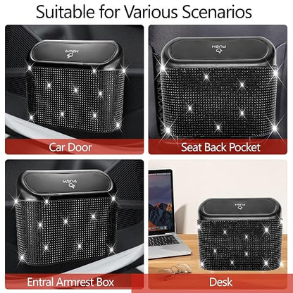 NBTEPEM Bling Car Trash Can with Lid - 2 Pack, Mini Auto Garbage Can with 60 Trash Bags, Automotive Garbage Container Bin, Bling Car Accessories Trash Can for Women (Black Diamond)